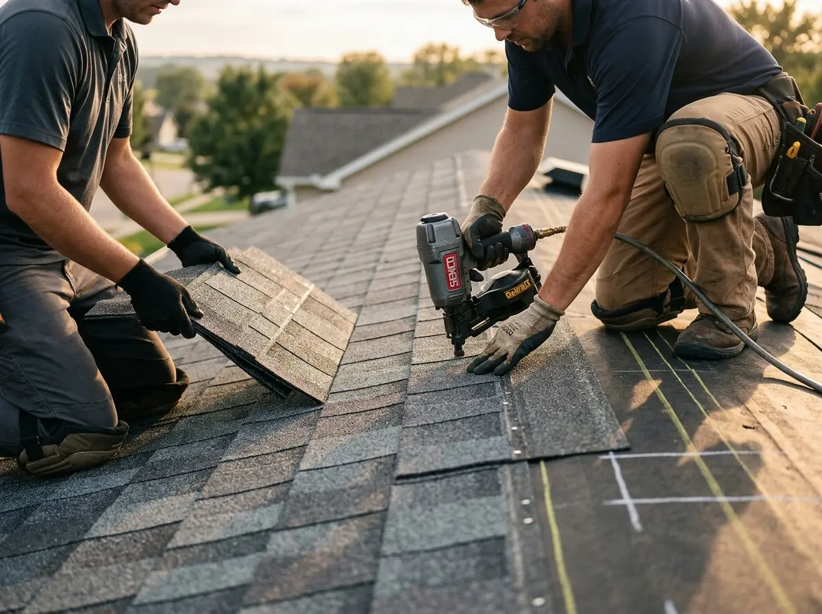 Professional roofer working on a residential roof in South Amboy